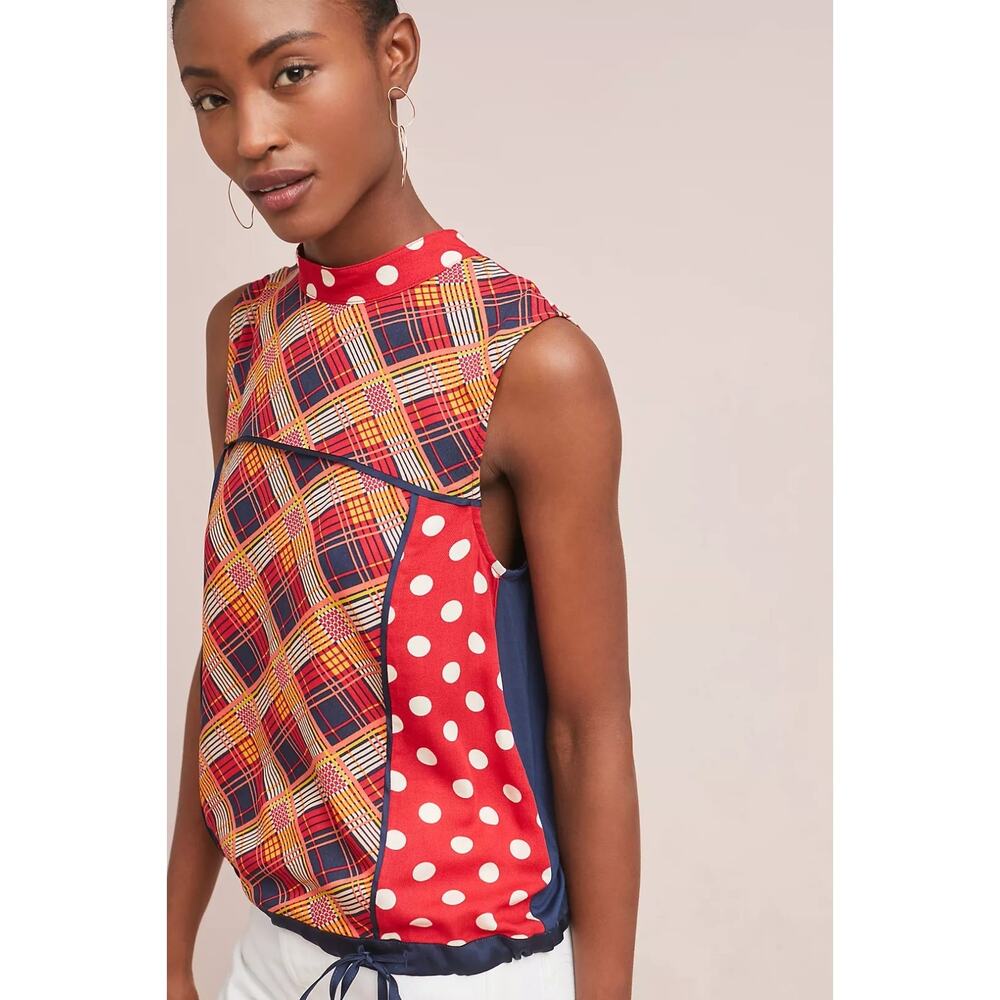 Anthropologie Red Plaid & Polka Dot Mixed-Print Sleeveless Top